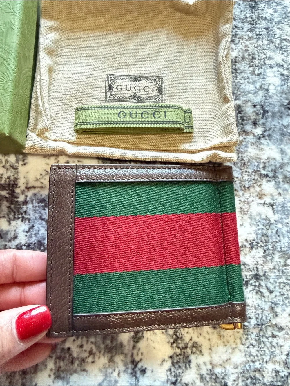 Gucci Brown Leather Money Clip and Card Case with Green and Red Web and Gold GG